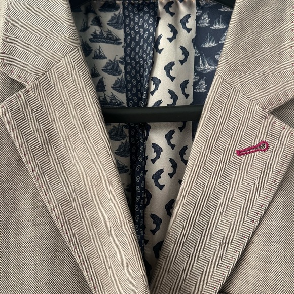 Ted Baker Beige Herringbone Blazer with Patterned Lining